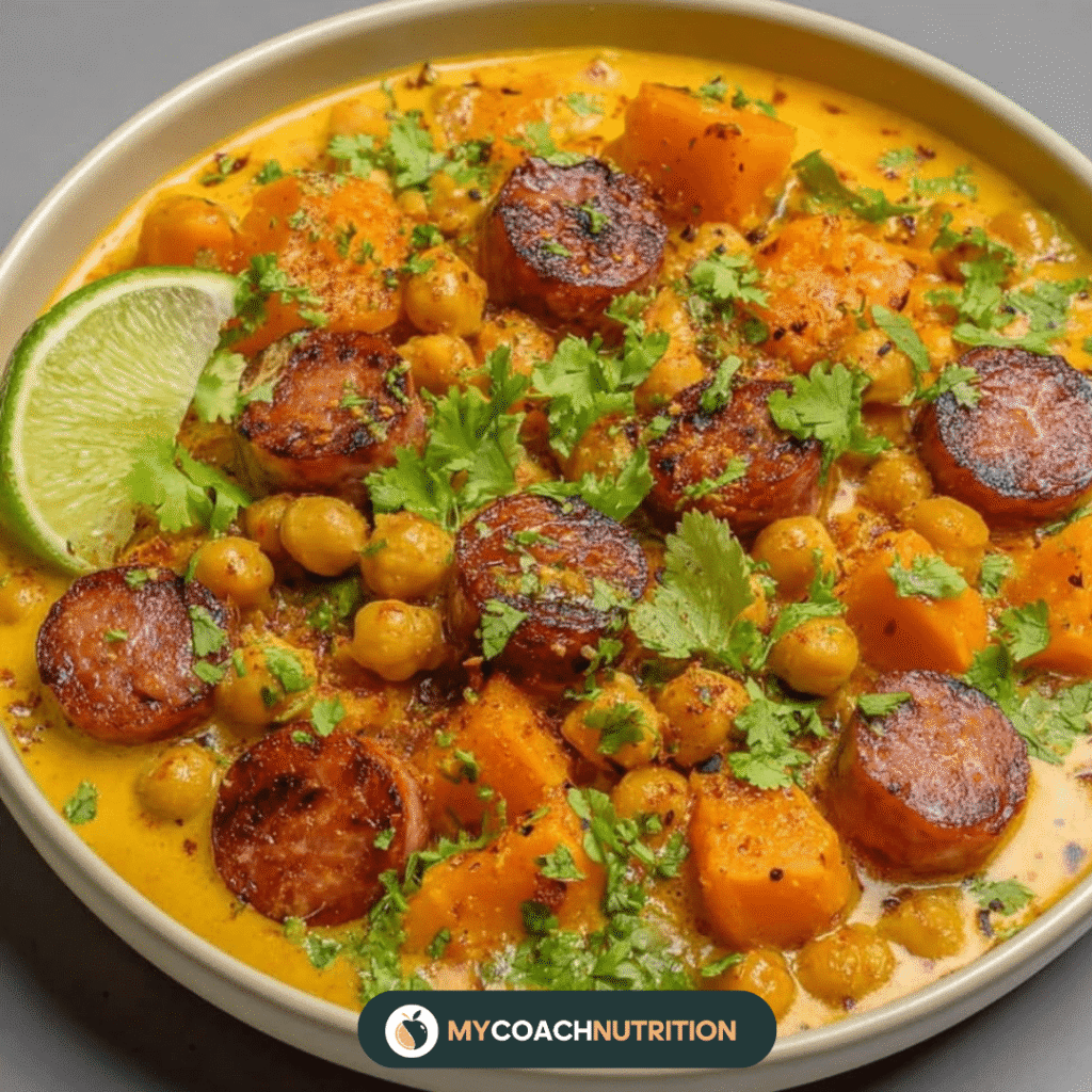 Curry de Pois Chiches, Patate Douce & Saucisse Fumée au Lait de Coco