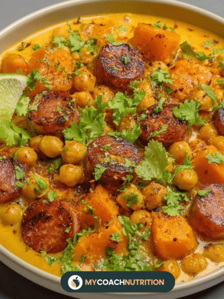 Curry de Pois Chiches, Patate Douce & Saucisse Fumée au Lait de Coco