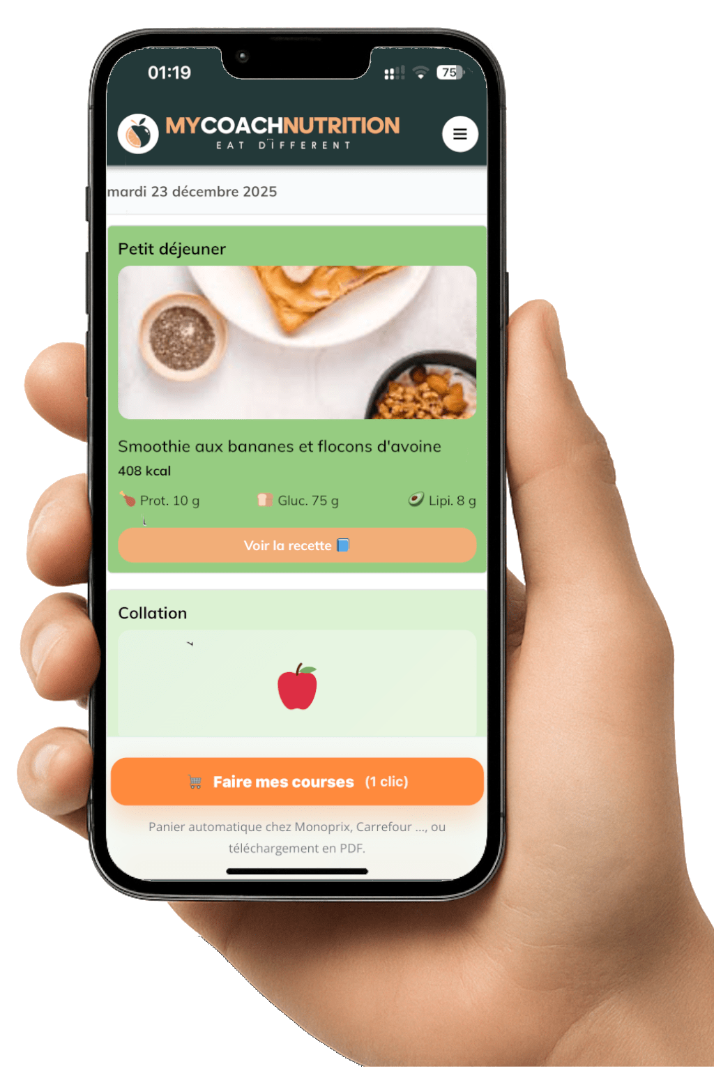 Écran réel de MyCoachNutrition : repas du jour, recettes et liste de courses