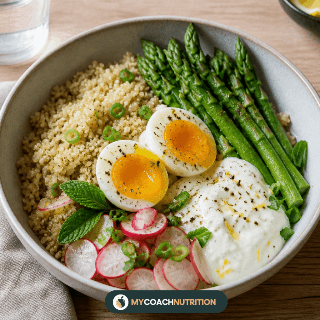 Quinoa bowl asperges, œuf mollet & sauce yaourt-citron - IA