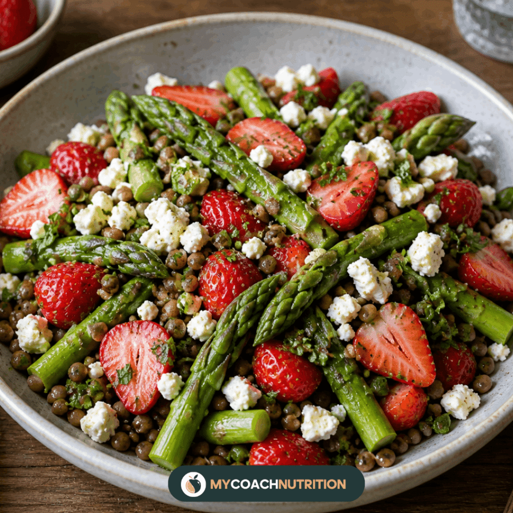 Salade tiède lentilles, asperges, fraises & feta - IA