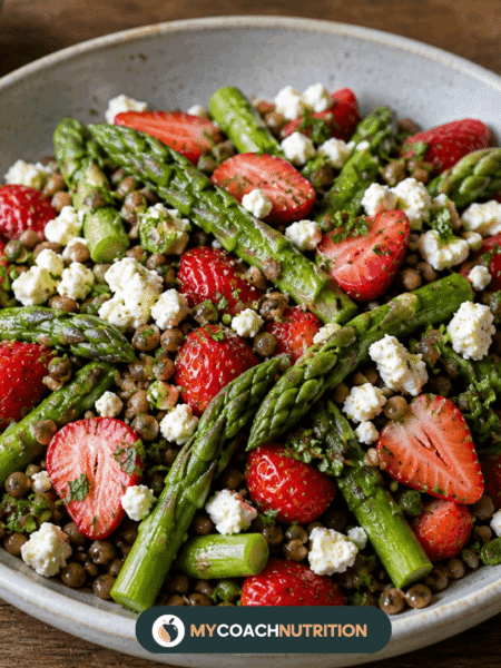 Salade tiède lentilles, asperges, fraises & feta - IA