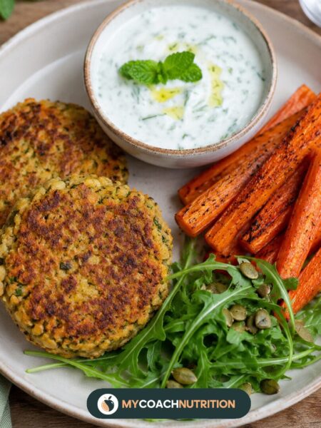 Galettes de pois cassés, carottes rôties & sauce yaourt-menthe