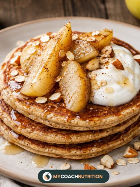 Pancakes à la farine d’avoine, poires fondantes et yaourt grec