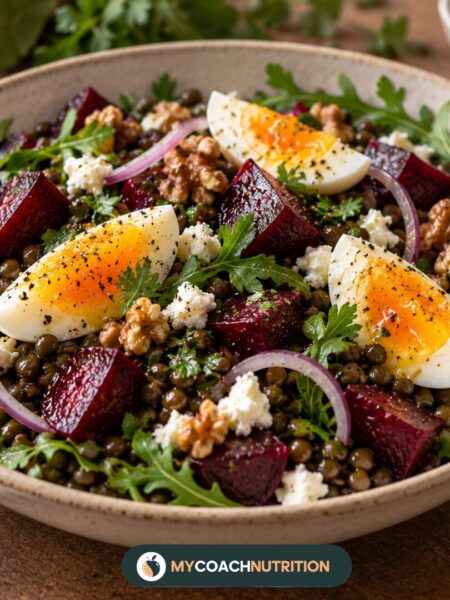 Salade tiède de lentilles vertes, betterave rôtie et œufs mollets