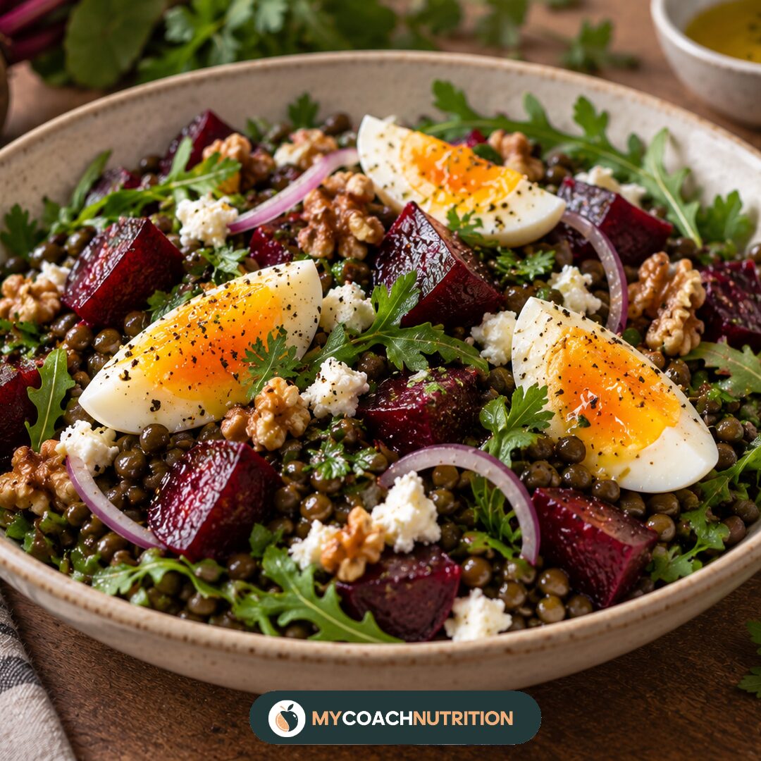 Salade tiède de lentilles vertes, betterave rôtie et œufs mollets